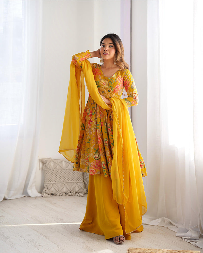 Sharara Set For Women | Mustard Color Printed Plazzo Suit For Haldi