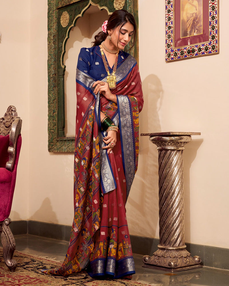 Maroon Color Poly Cotton Kalamkari Print With Zari Work saree - ETHNICDEAL