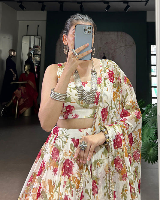Radiant White Color Chiffon Digital Printed Lehenga Choli - ETHNICDEAL