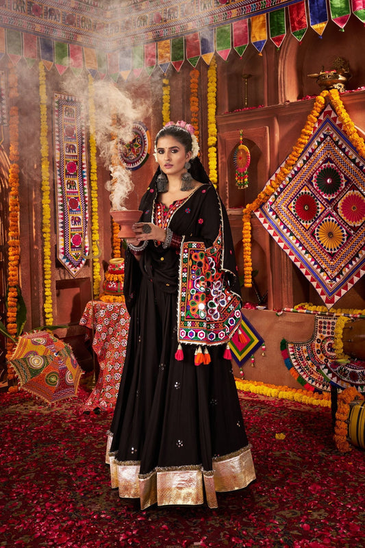 Black Thread With Mirror Hand Work Viscose Cotton Navratri Lehenga Choli - ETHNICDEAL