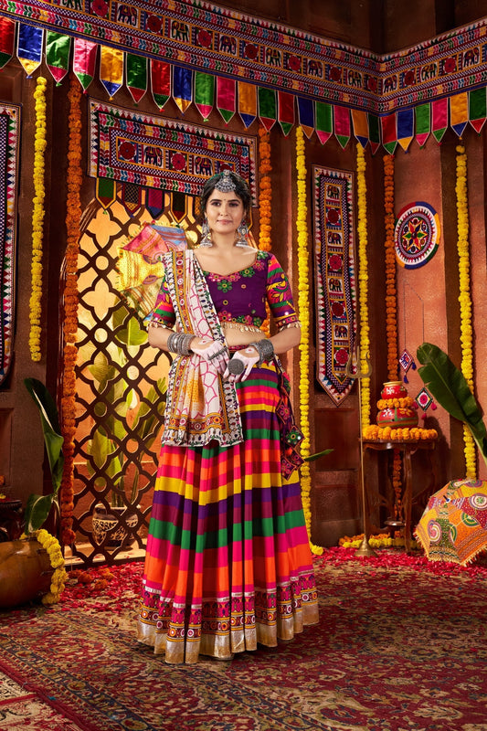 Multi Color Muslin Designer Stunning Print With Mirror Work Navratri Lehenga Choli - ETHNICDEAL