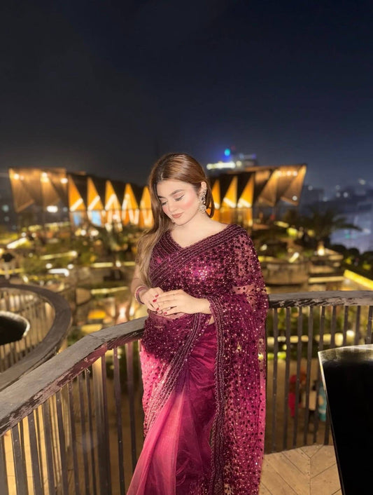 Party Wear Majestic Wine Net Sequins Work Saree For Women | Net Glitter Saree For Weddings