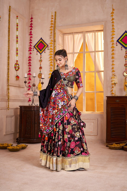 Black Kutchi Patch Work Viscose Cotton Designer Lehenga Choli - ETHNICDEAL