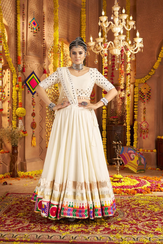 Viscose Rayon Thread Embroidered With Mirror Work Readymade Navratri Lehenga Choli - ETHNICDEAL