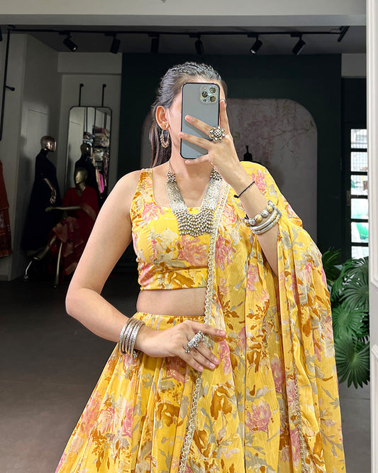 Yellow Color Chiffon Printed Designer Lehenga Choli - ETHNICDEAL