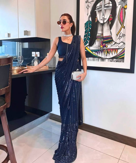 Navy Blue Georgette Partywear & Cocktail Saree With Sequins & Dori Embroidery
