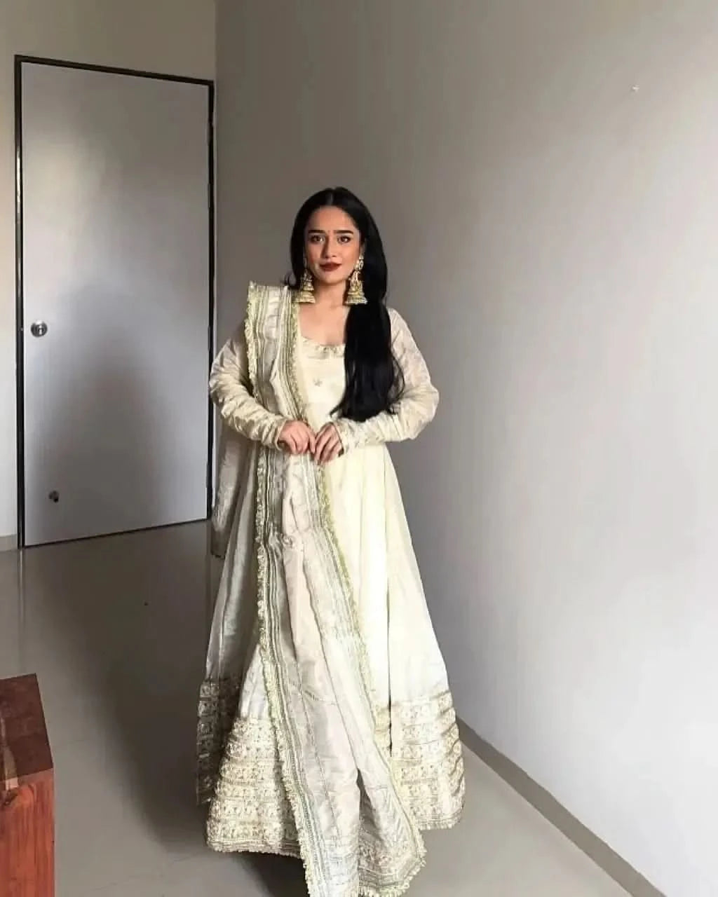 Ivory Chinon Embroidered Anarkali Suit Set For Women | White Anarkali Suit For Women