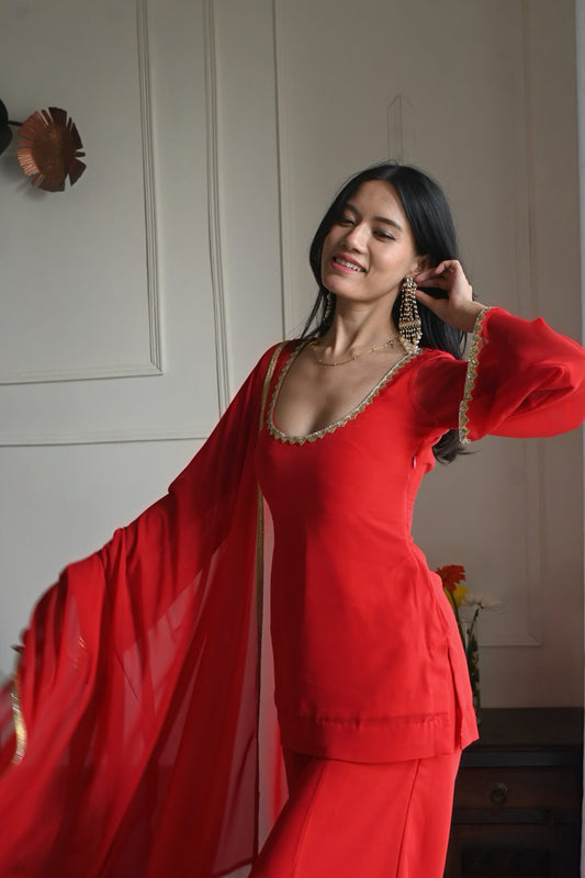 90's Style Red Handcrafted Georgette Palazzo Sharara Suit Set | Wedding & Party Wear