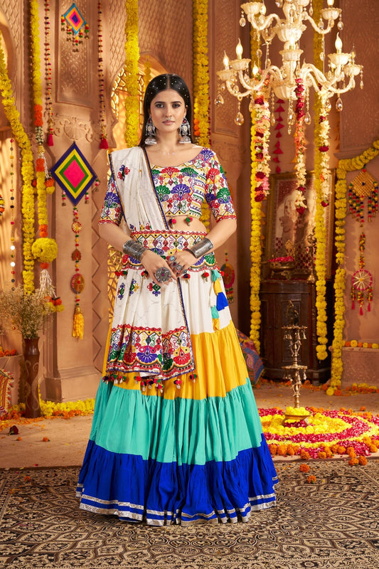 Beautiful Viscose Cotton Traditional Tread Embroidered With Mirror Work Navratri Lehenga Choli - ETHNICDEAL