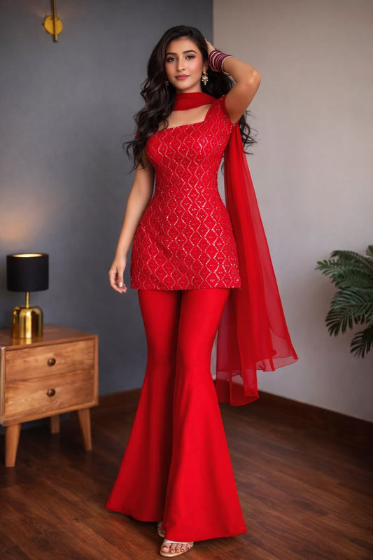 Viral Bollywood Style Red Sharara Set For Women | 90s Kurti Set
