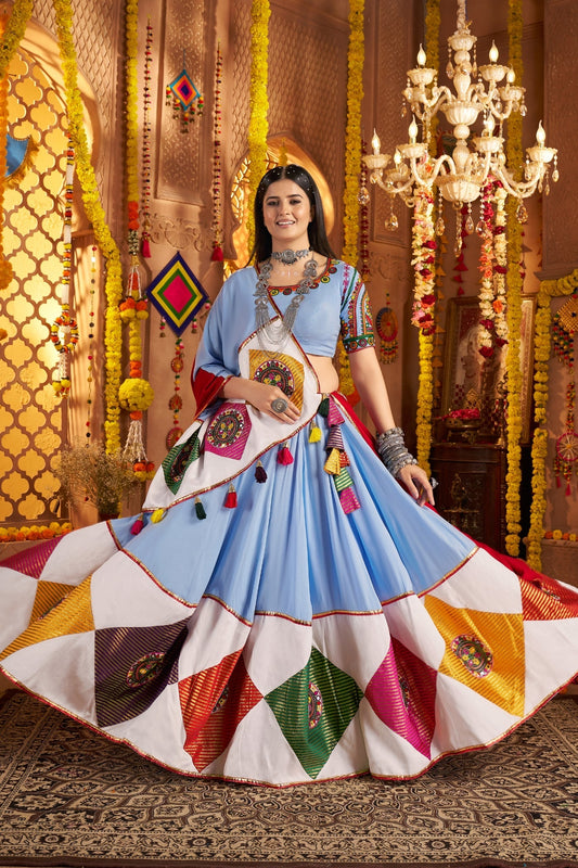 Light Blue Stunning Navratri Designer Viscose Cotton Lehenga Choli - ETHNICDEAL