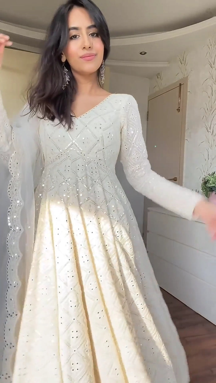 White Lucknowi Embroidered Georgette Anarkali Suit For Women | White Anarkali Suit For Women
