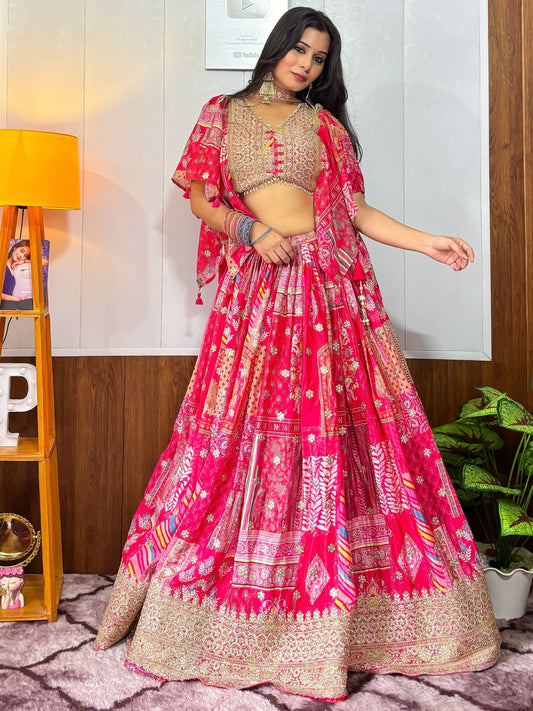 Alluring Pink Digital Printed Chinon Sangeet Wear Lehenga Choli With Dupatta