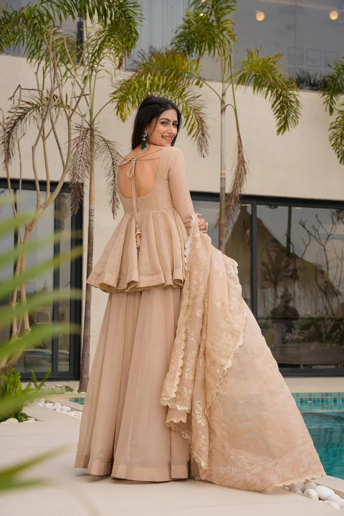 Wedding Wear Beige Tabby Organza Sharara Set For Women | Sangeet & Engagement Wear