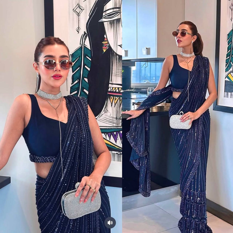 Navy Blue Georgette Partywear & Cocktail Saree With Sequins & Dori Embroidery