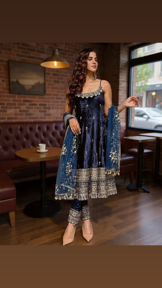 Classic Premium Quality Blue shades Anarkali Suit Set | Wedding Guest Outfit