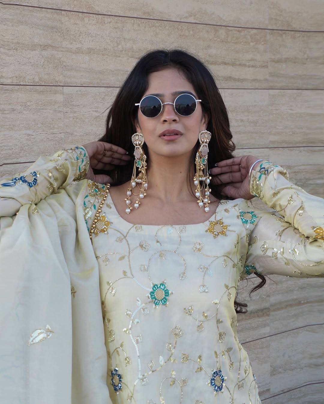 Ivory Chinnon Silk Embroidered Sharara Set For Women