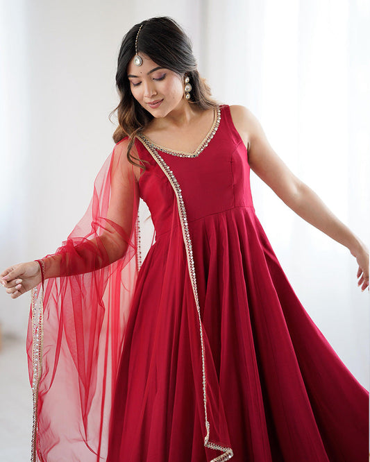 Maroon Chanderi Silk Anarkali Suit – Elegant Pure Roman Silk Party Wear