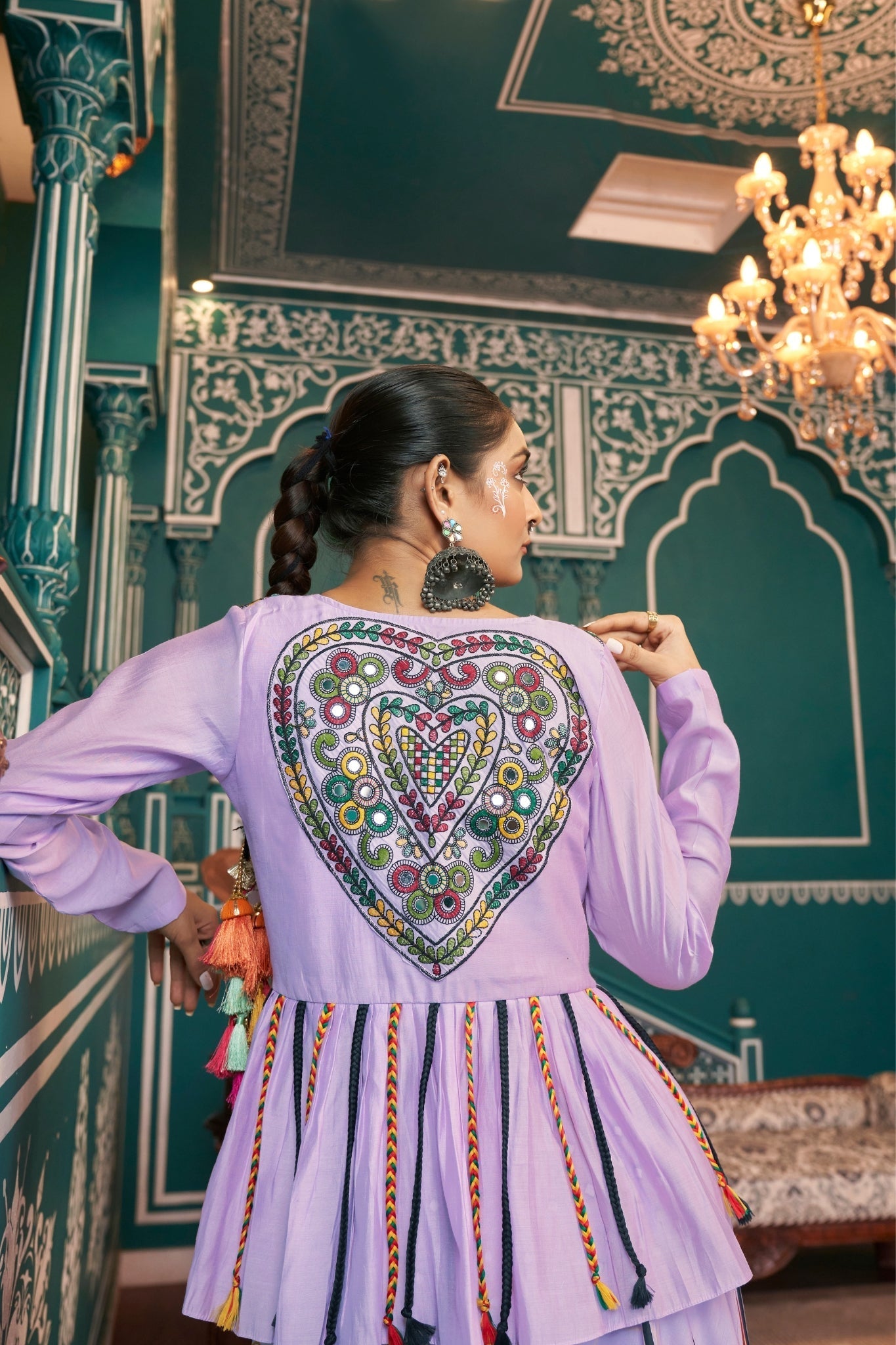 Lavender Embroidered With Mirror Work Designer Navratri Readymade Lehenga Choli - ETHNICDEAL