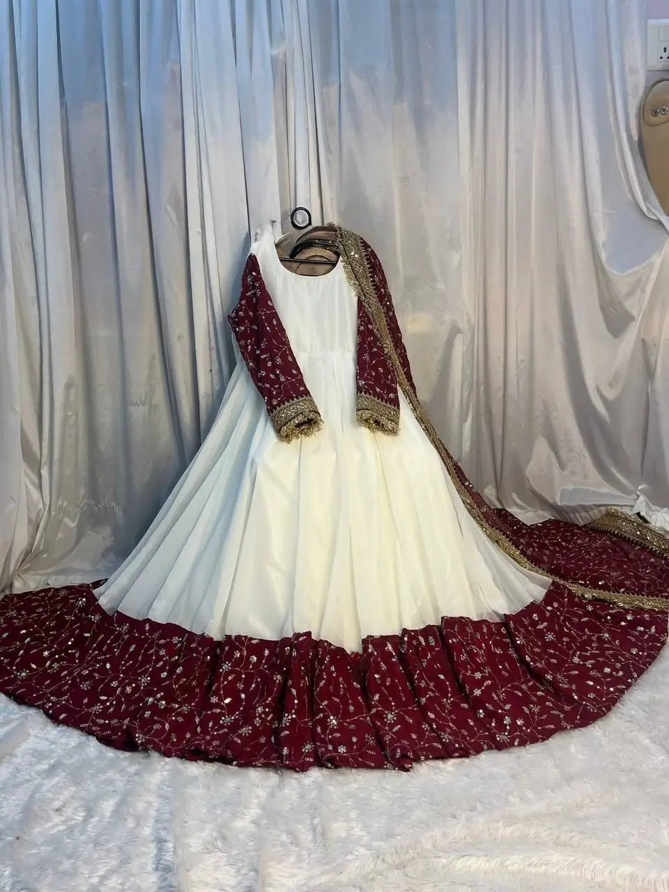 White & Maroon Embroidered Faux Georgette Maxi Anarkali Suit For Women | White Anarkali Suit For Women