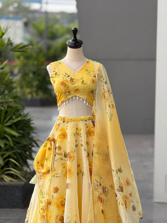 Yellow Color Organza Silk Fully Stiched Lehenga Choli With Potali Bag