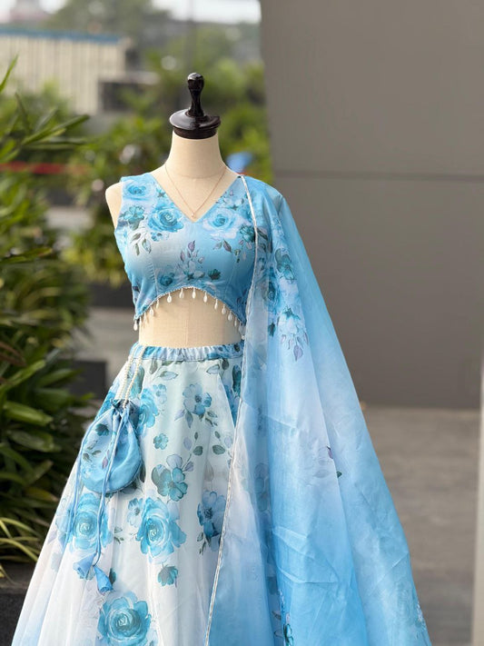 Sky Blue Color Organza Silk Fully Stiched Lehenga Choli With Potali Bag