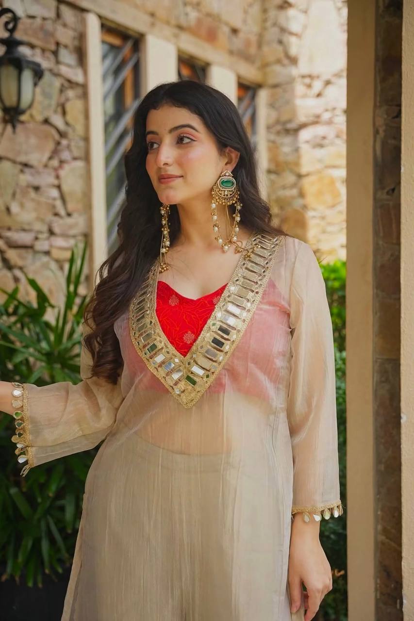Beige Color Salsa Silk Original Mirror Work Top Palazzo Set