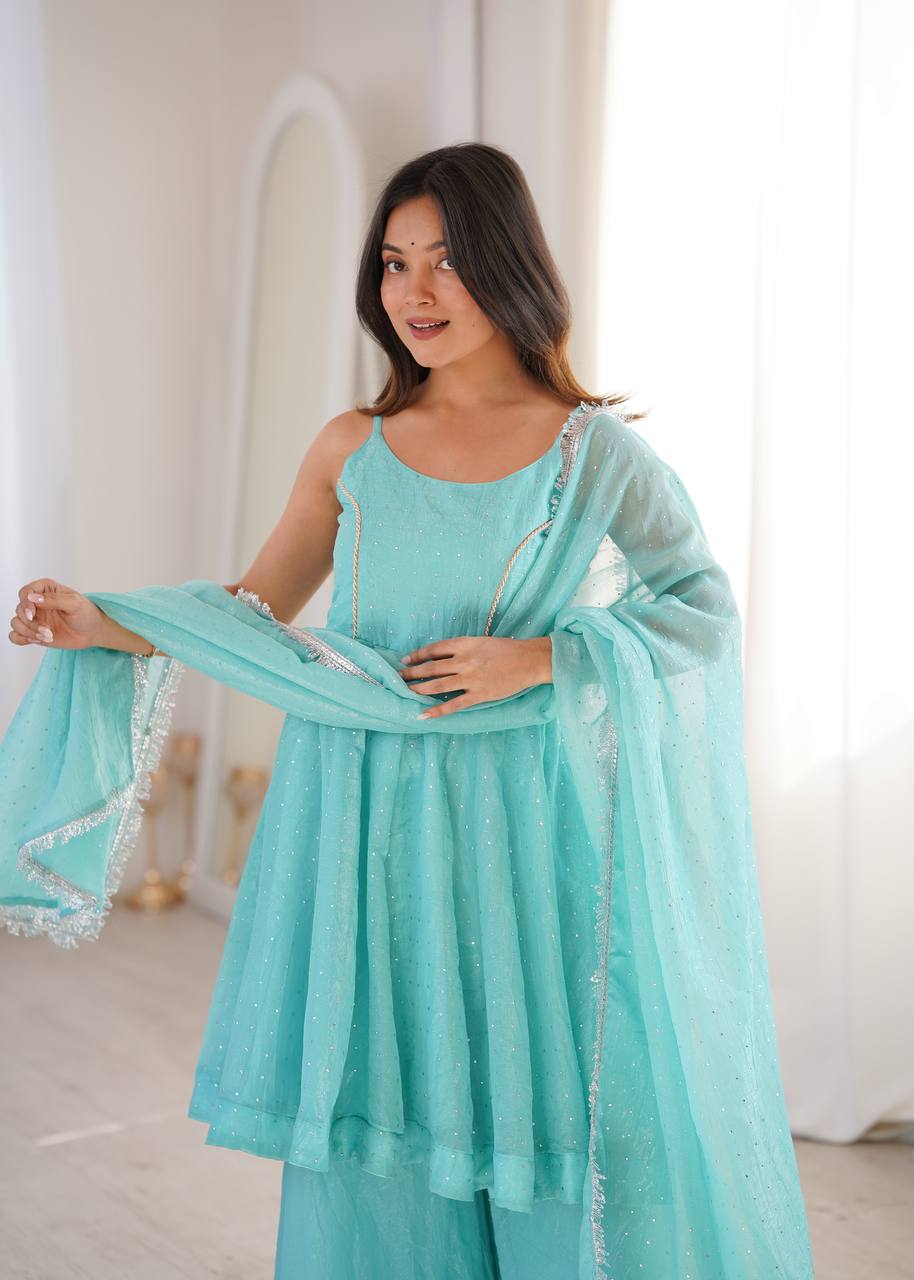 Sky Blue Color Silk Embroidered Work Arti Chauhan Palazzo Suit