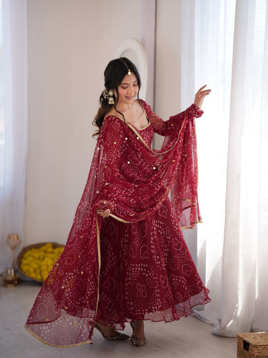 Designer Maroon Color Digital Printed 7-Meter Flair Arti Chauhan Wear Anarkali Suit