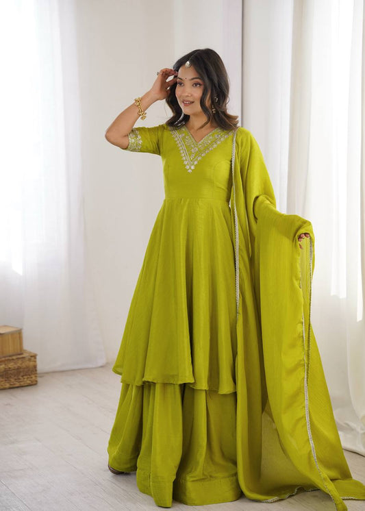 Arti Chauhan Wear Chinon Silk Embroidered Green Top With Palazzo Set