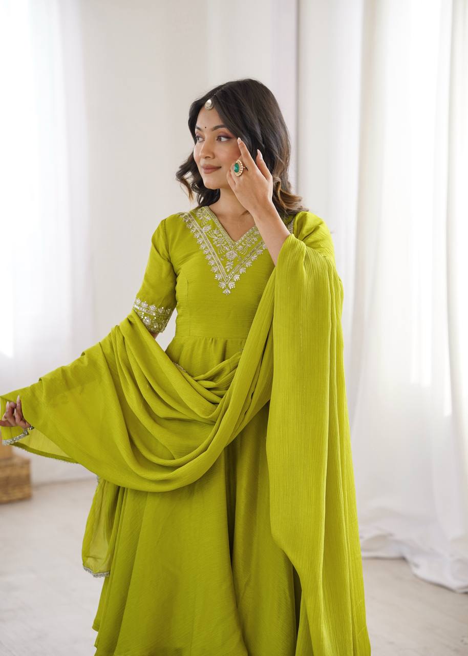 Arti Chauhan Wear Chinon Silk Embroidered Green Top With Palazzo Set