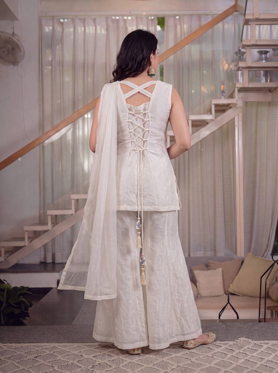 Festive Wear Off White Color Fendi Crush Embroidered Sharara Suit