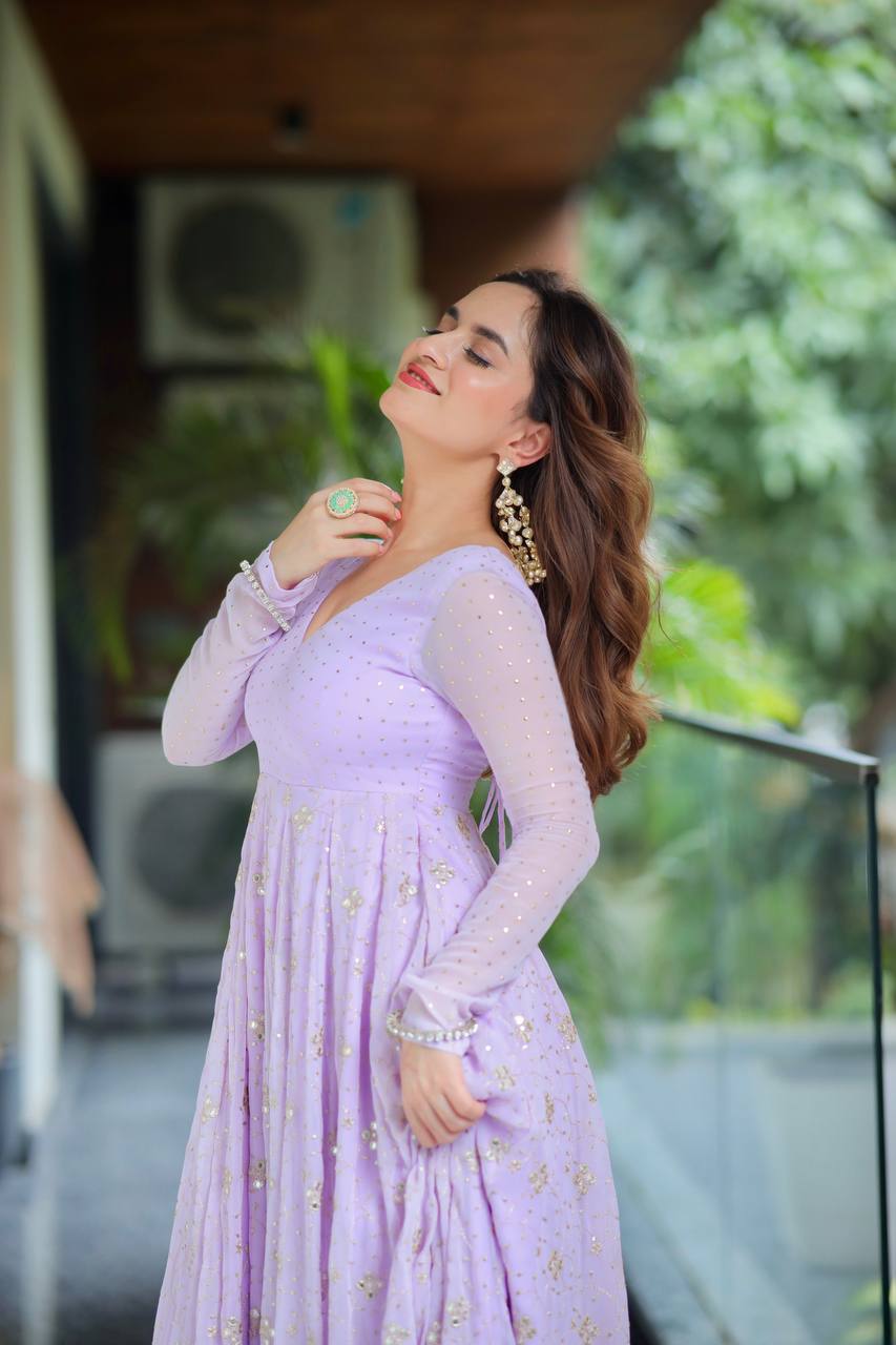 Designer Lavender Blooming Foil And Zari Embroidery Work Anarkali Suit