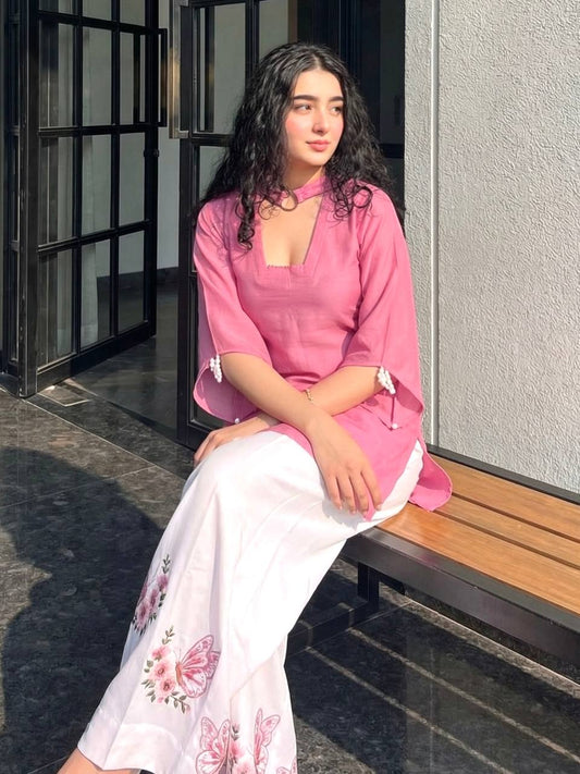 Festive Wear Pink Color Silk Embroidered Palazzo Set With Tassel Sleeves