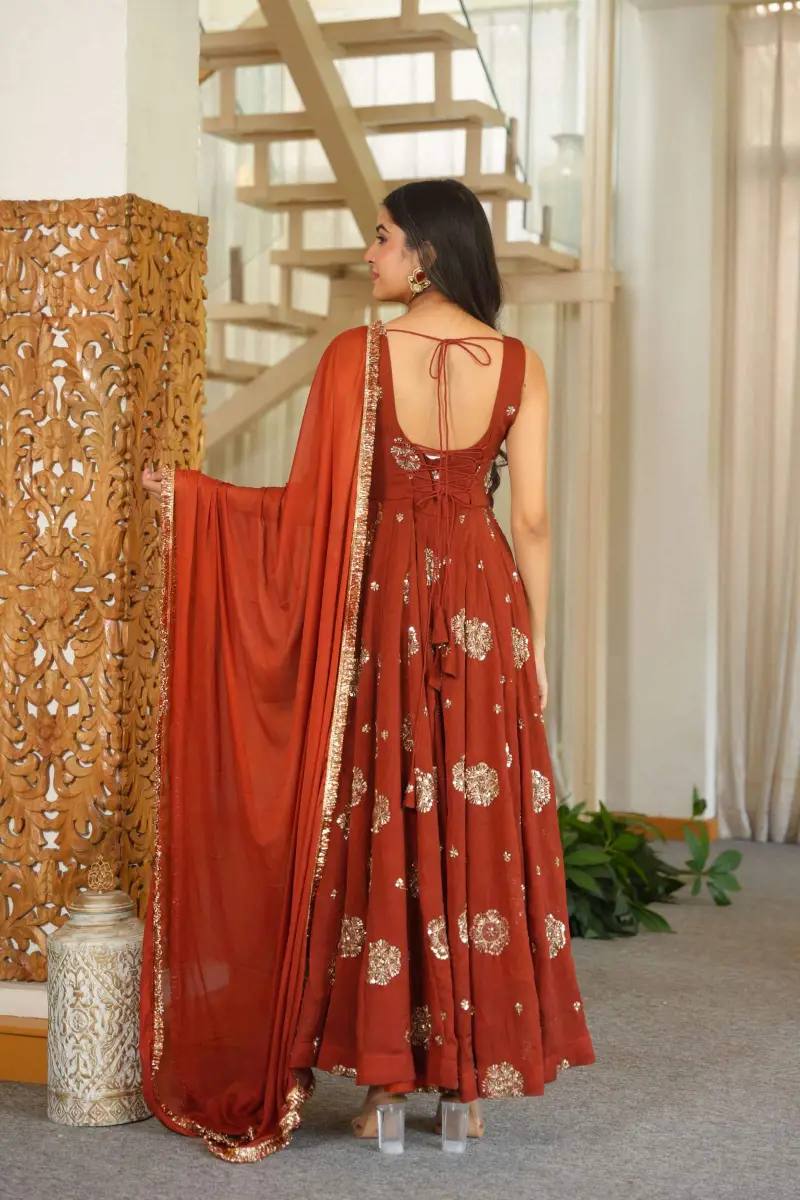 Wedding Wear Orange Color Silk Thread And Sequins Work Anarkali Suit