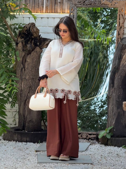 Festive Wear Brown Color Embroidered Top With Palazzo Set