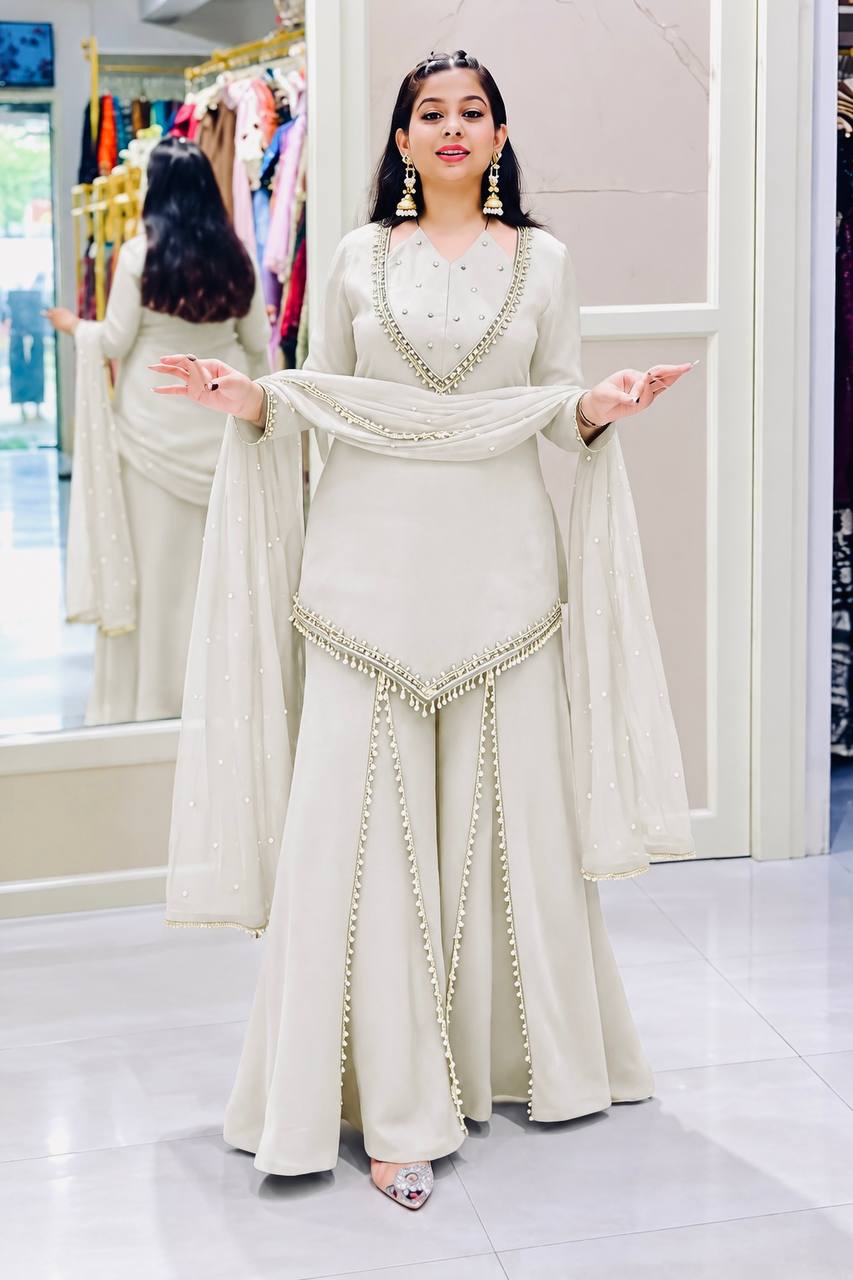 Wedding Wear Off White Mirror Work Beautiful Palazzo Suit