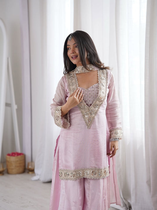 Light Pink Color Chinon Mirror Moti Work Arti Chaihan Sharara Suit
