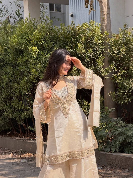 Cream Color Chinon Mirror Moti Work Arti Chaihan Sharara Suit