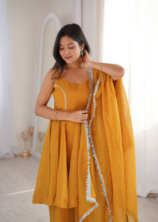 Haldi Wear Yellow Color Silk Embroidered Work Palazzo Suit