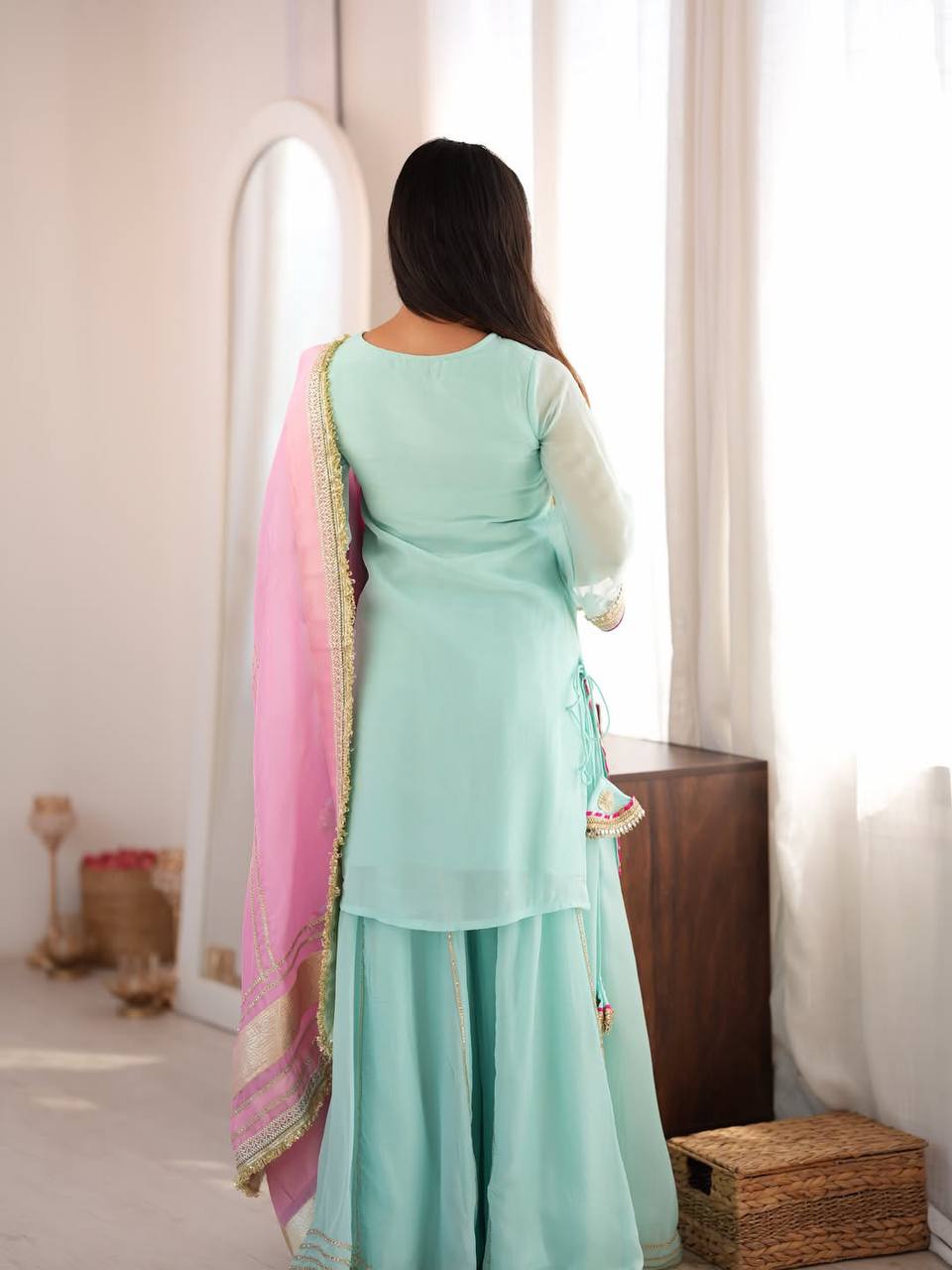 Arti Chauhan Wear Sky Blue Embroidered Work Sharara Suit