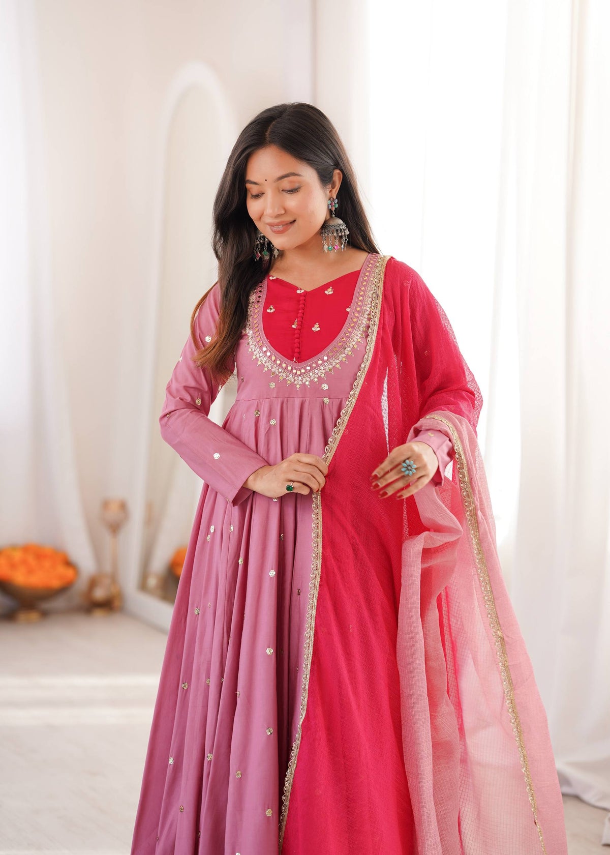 Arti Chauhan Wear Baby Pink Color Embroidery With Real Mirror Work Anarkali Suit