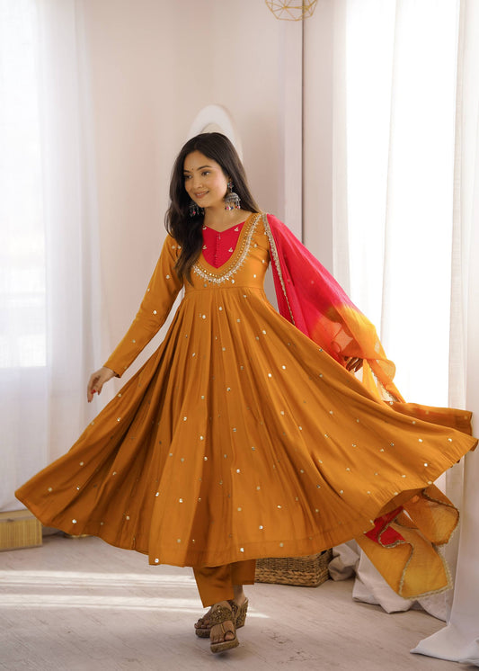 Arti Chauhan Wear Mustard Embroidery With Real Mirror Work Anarkali Suit