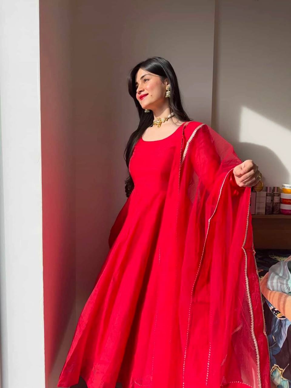Elegant Red Color Silk Anarkali Suit With 4 Meter Flair