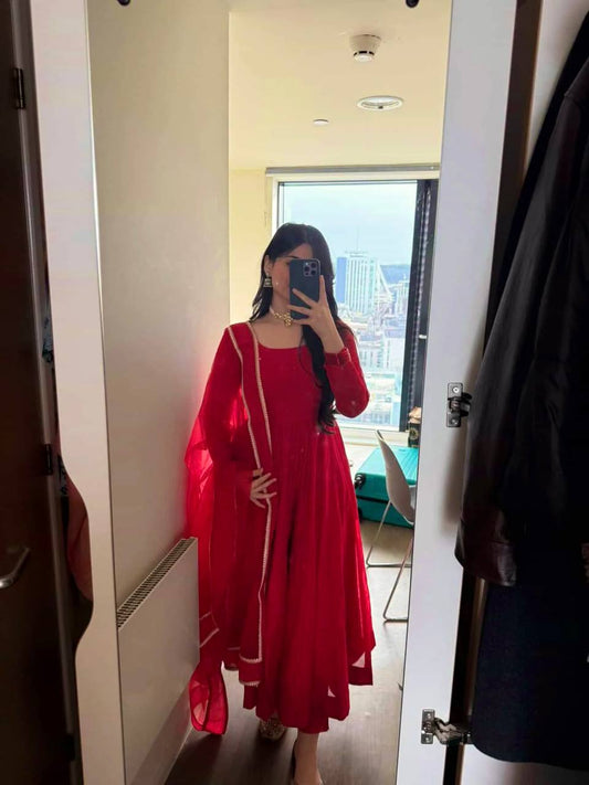 Elegant Red Color Silk Anarkali Suit With 4 Meter Flair