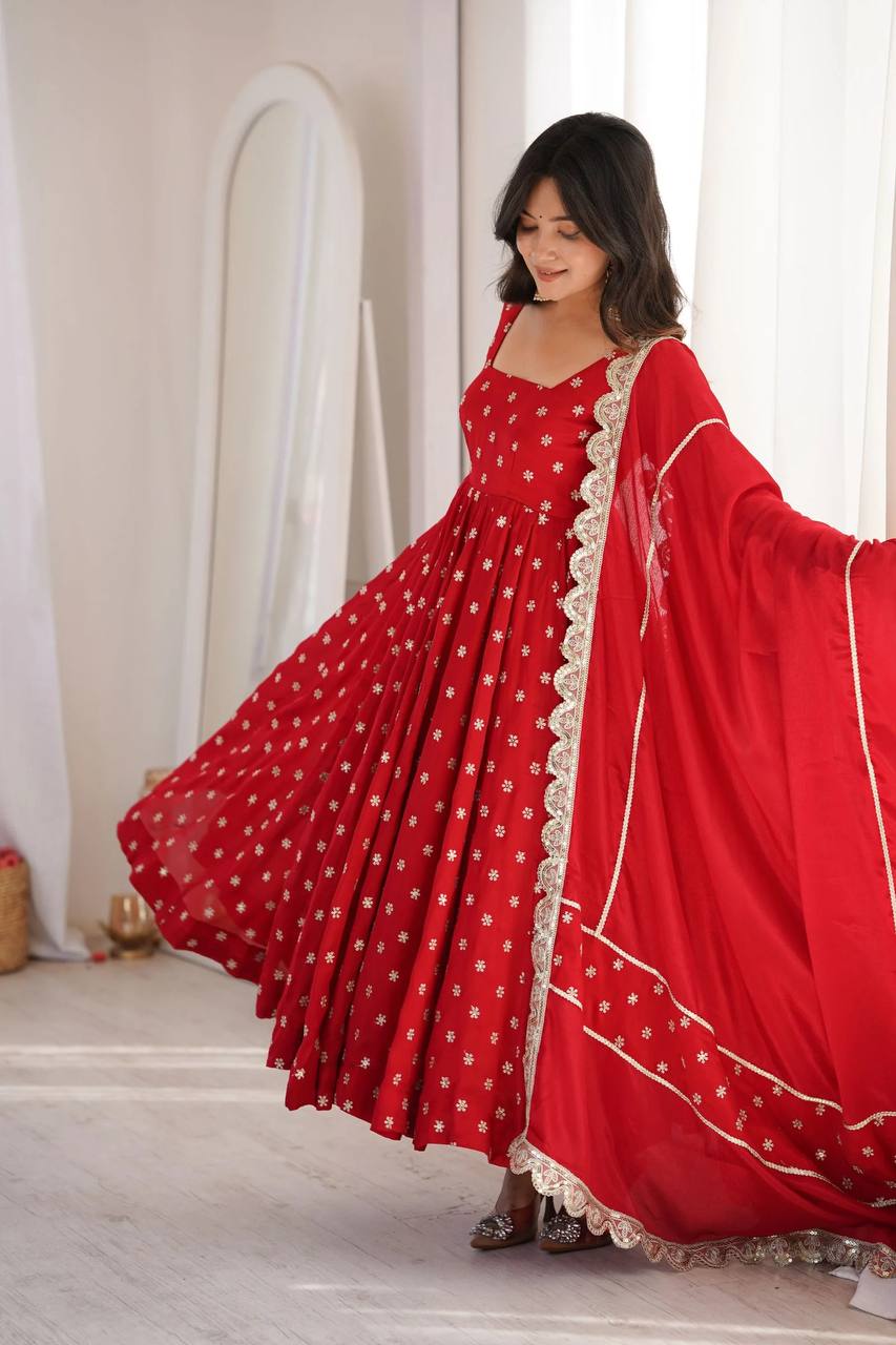 Wedding Wear Red Color Chinon Silk Thread And Sequence Embroidered Anarkali Suit