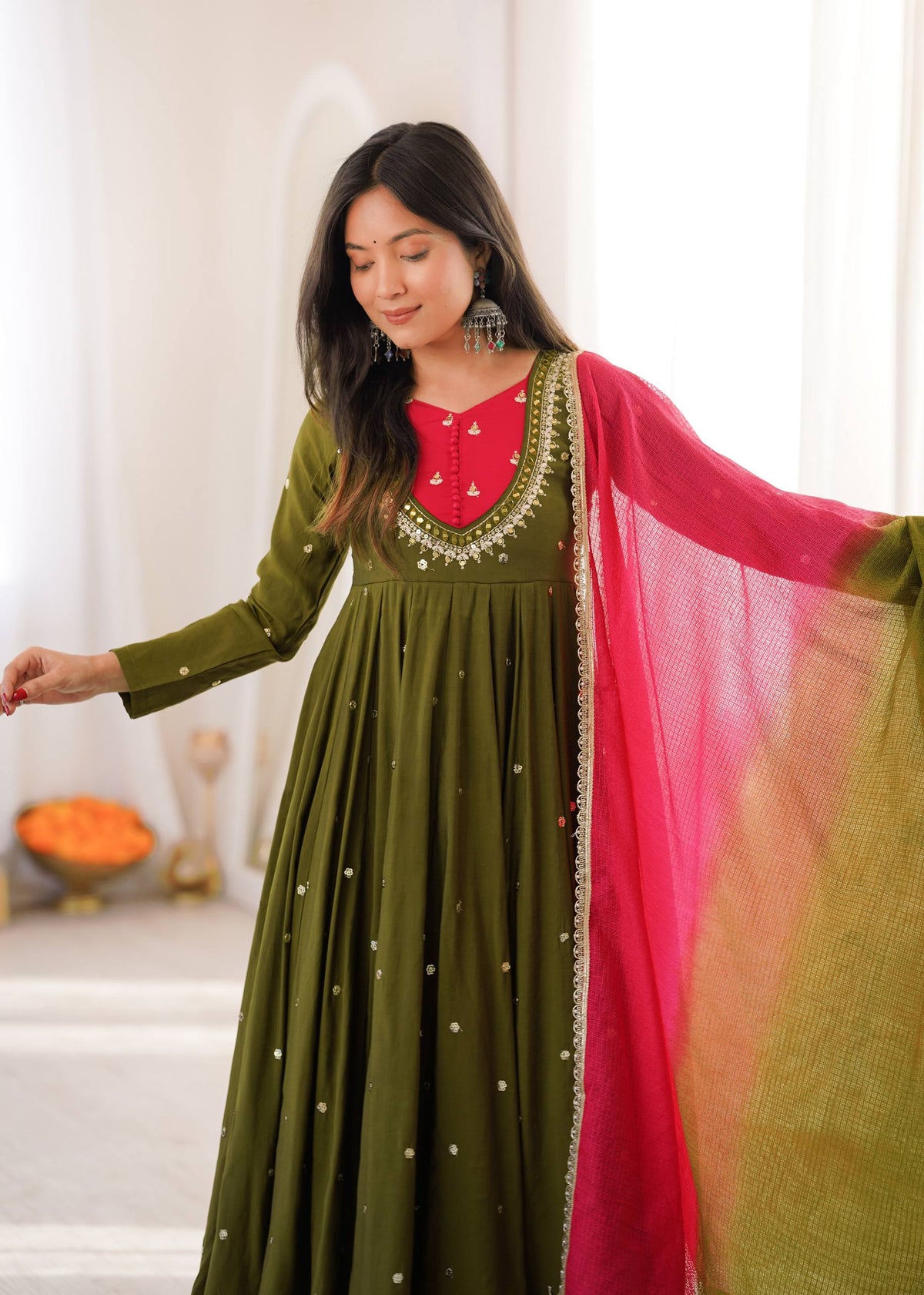 Mahendi Function Wear Embroidery With Real Mirror Work Anarkali Suit