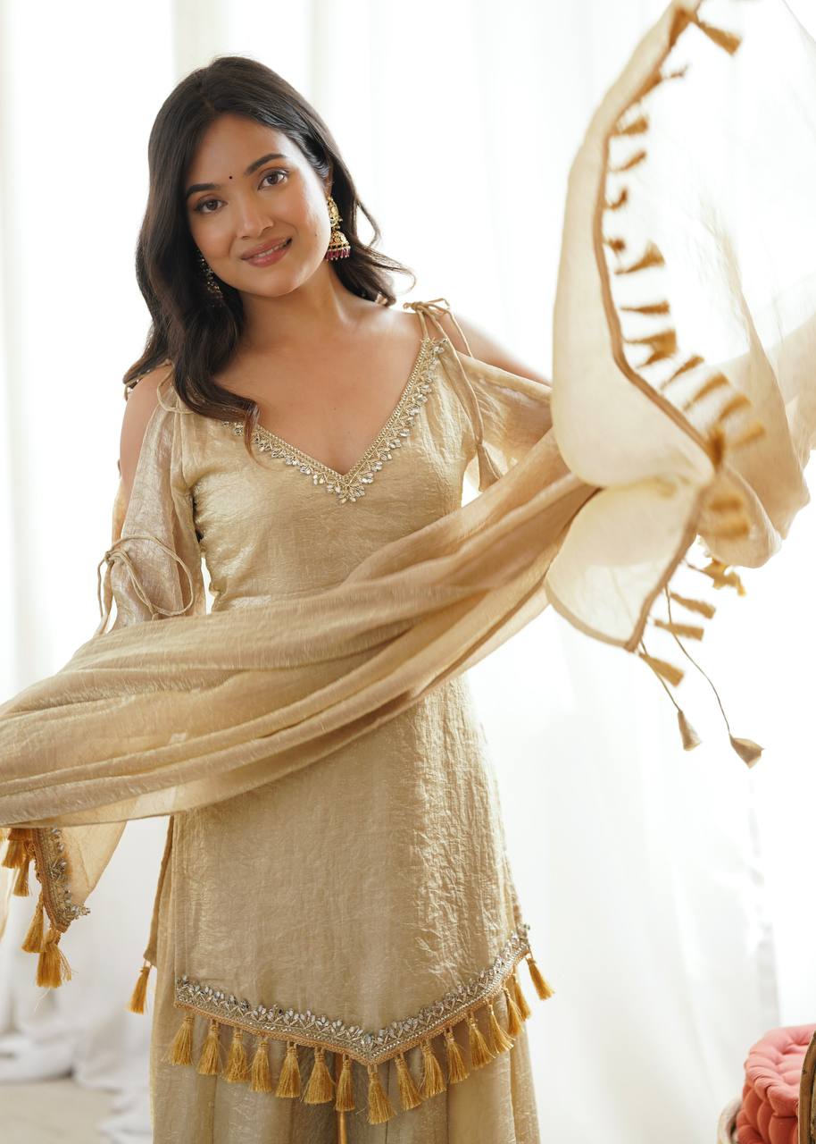 Arti Chauhan Wear Cream Color Mirror Work Raksha Bandhan Wear Palazzo Suit