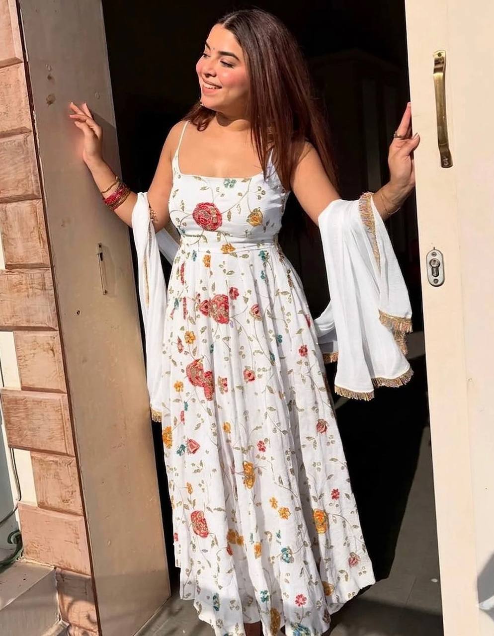 Designer White Heavy Silk With Zari And Sequins Work Anarkali Gown Set