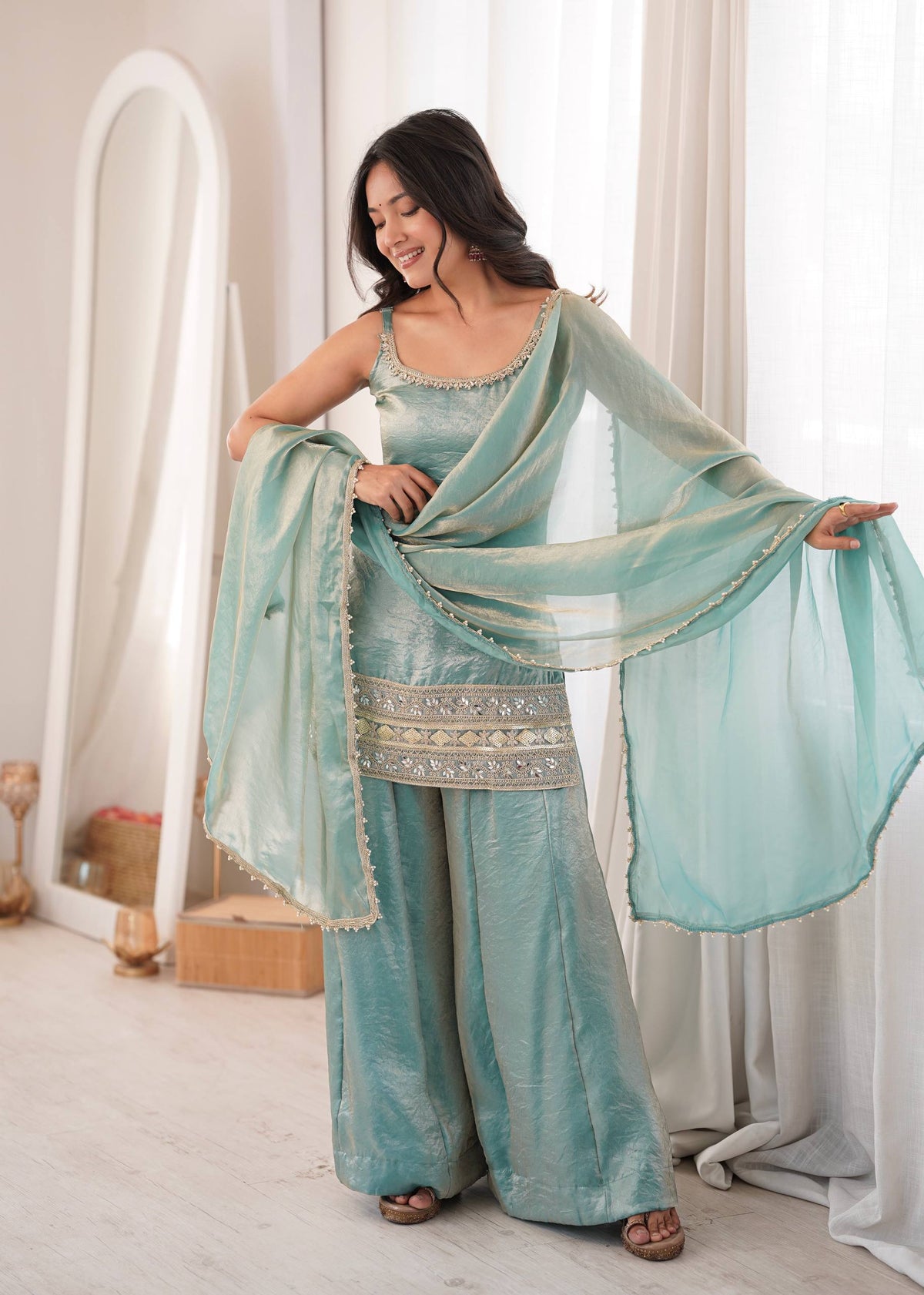 Arti Chauhan Wear Aqua Green Color Embroidered Sequence Work Palazzo Suit